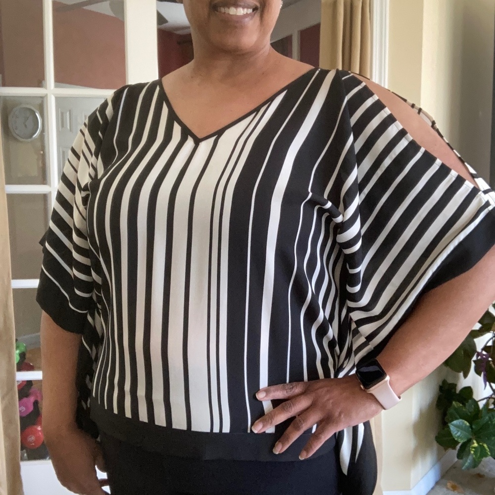 BCX Black & White Stripe Chiffon Cold Shoulder Poncho Top